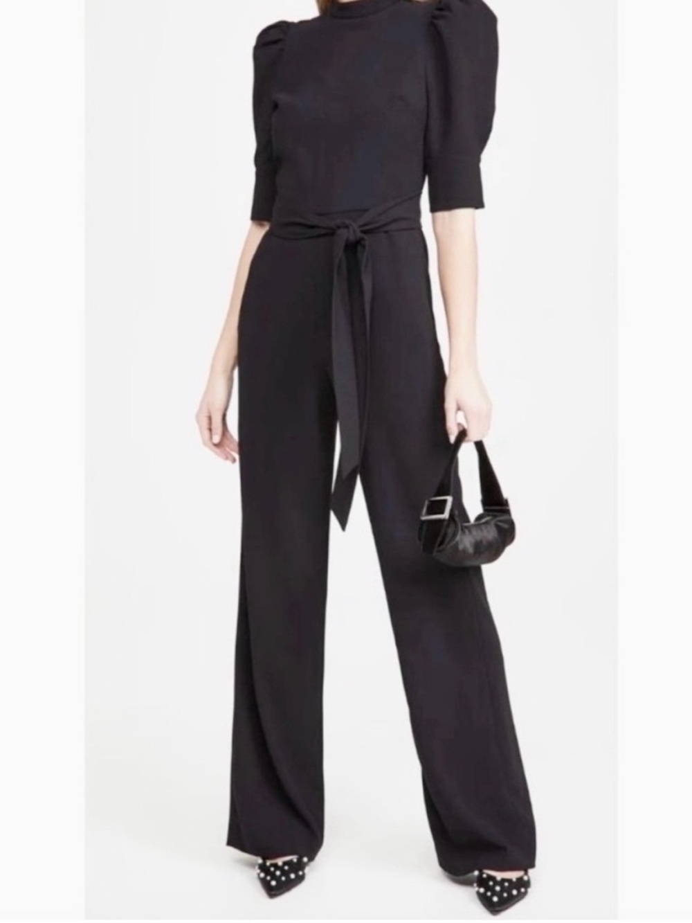 ALICE + OLIVIA Black Puff Sleeve Belted Jumpsuit Sz 6